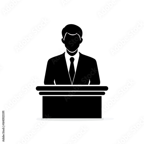 Silhouette of a man standing behind a podium giving speech or statement concept for legal representation judicial proceedings and courtroom advocacy
