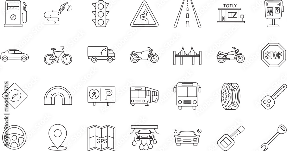 Fototapeta premium Transportation Vehicles And Traffic Outline Doodle Icons Vector