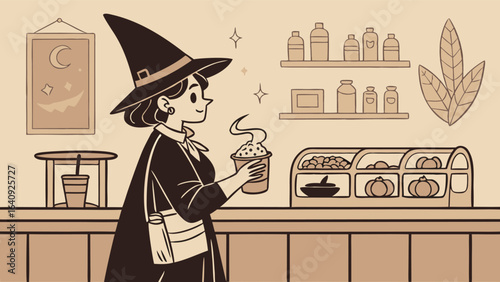 A witch in a cafe holding a drink with shelves and pumpkins in the background in a cartoon style
