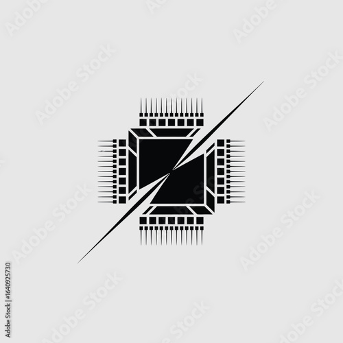 Dynamic black microprocessor chip symbol with sharp lines representing innovation and technological advancement, perfect for digital concepts