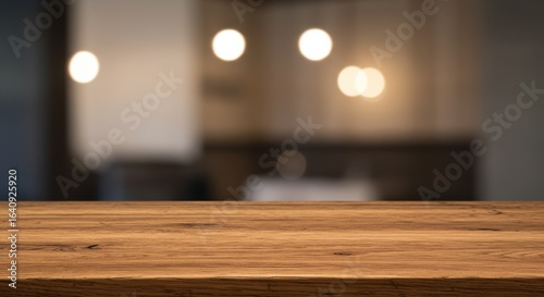 Wooden table top in a cafe or restaurant with blurred warm background