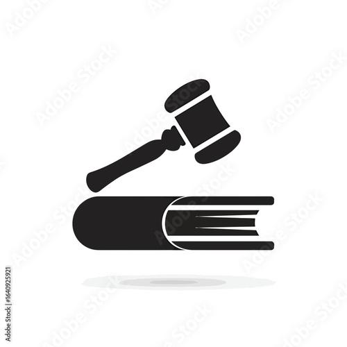 Black silhouette of a judge's gavel resting on a closed book, symbolising legal proceedings. Concept for rule of law, judicial process and legislative system
