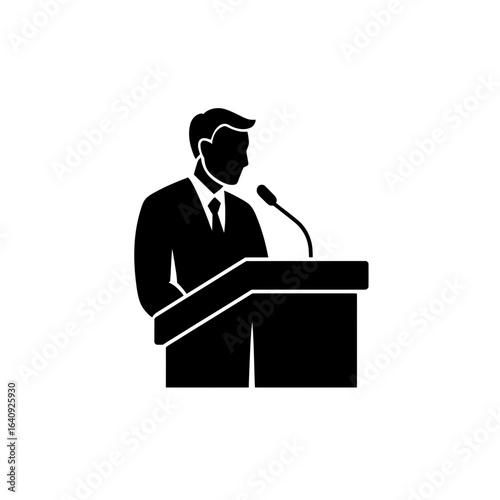 Silhouette of a man speaking at podium with microphone, delivering speech for legal presentation, law enforcement, and judicial process