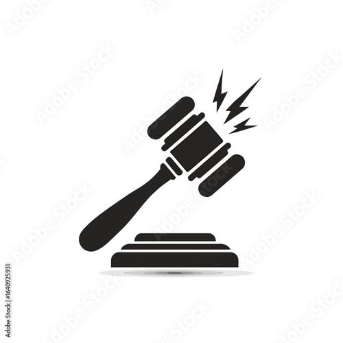 Black gavel illustration with lightning effect atop a base, conveying authority. Concept for legal representation, judicial process and legislative decisions