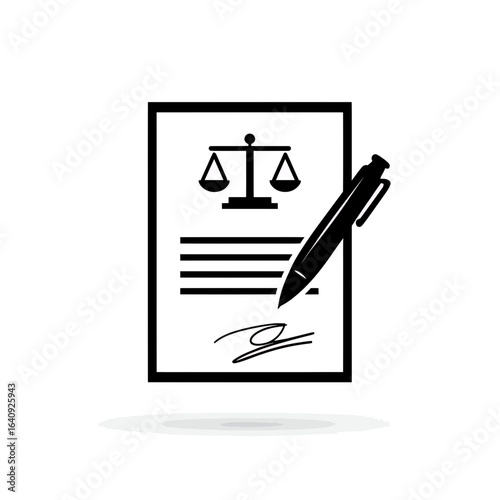 Legal document with scale of justice and pen, depicting a contract signing. Concept for legal services document drafting and judicial process representation