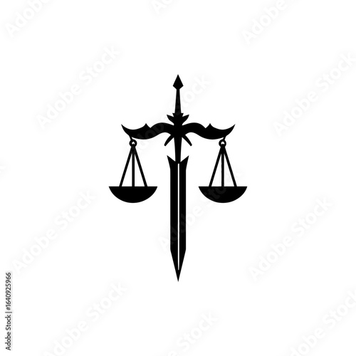 Stylized black scales of justice with sword on white background representing law and order. Concept for legal representation, judicial system and conflict resolution