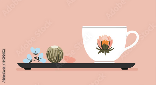 Serene tea setting with floral accents and pastel backdrop, on black tray