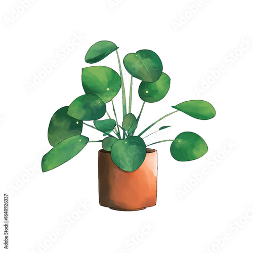 A watercolor-style Chinese money plant in a brown terracotta pot. A perfect indoor foliage plant, it can also be used in botanical designs, home decor, and nature-themed illustrations.