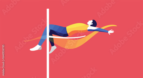 An athlete does high jump over the bar on a red background with orange accents