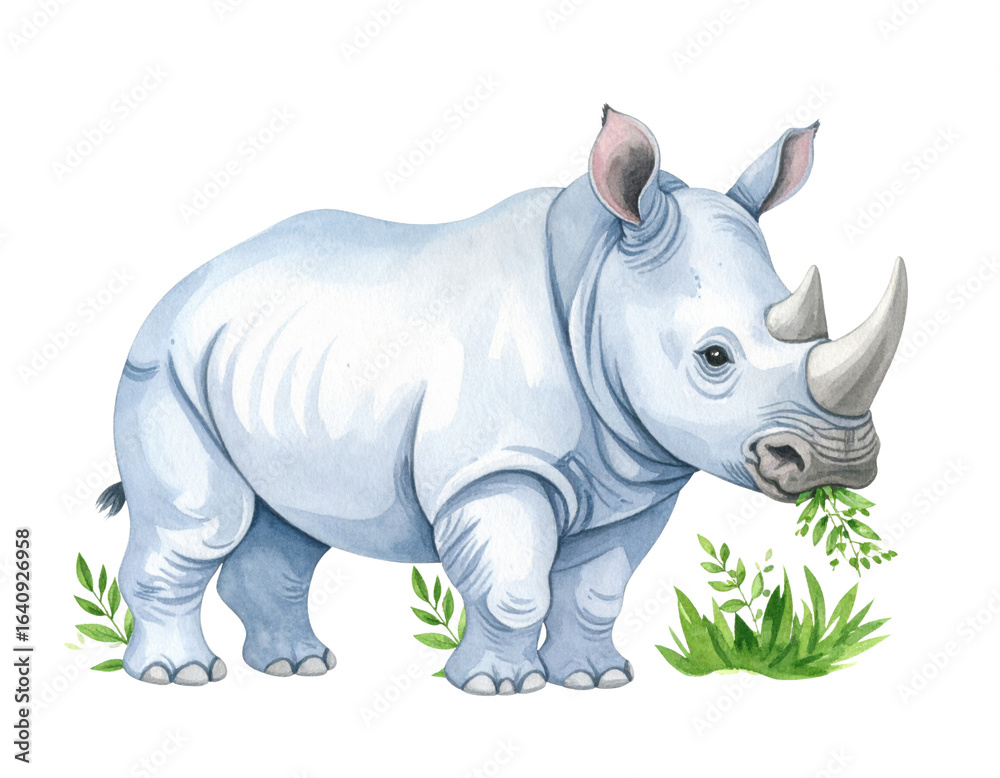 Fototapeta premium Watercolor illustration of a cute baby rhino eating green leaves on a transparent background.