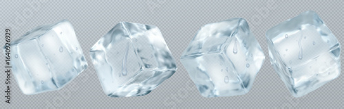 Crystal transparent ice cubes with water drops for cold drink designs. Frozen blocks with realistic reflections and melting droplets. Clear glass like shapes for beverage or cooling graphics.