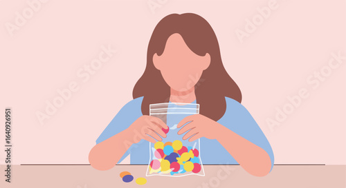 A person holding a bag filled with colorful circular candies, sitting at a table