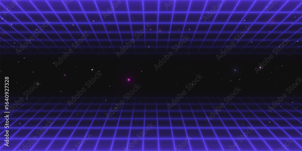 Obraz premium Neon game background with retro grid stretching into star sky for cyberpunk aesthetics. Purple wireframe floor and ceiling - tunnel perspective with glowing stars. Digital space environment for arcade