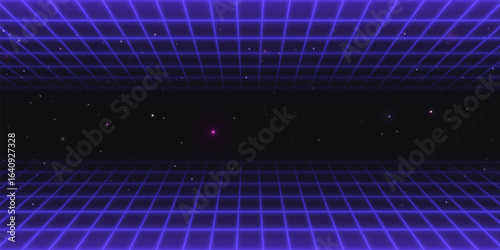 Neon game background with retro grid stretching into star sky for cyberpunk aesthetics. Purple wireframe floor and ceiling - tunnel perspective with glowing stars. Digital space environment for arcade