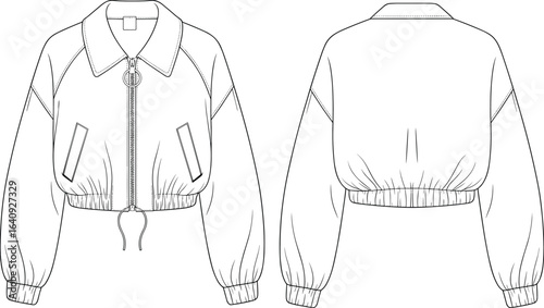 Bomber jacket front and back view, fashion flat sketch, stylish outerwear design, zipper jacket illustration, apparel technical drawing, clothing design template