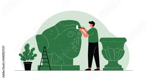 Sculptor at work on green statue near a ladder, plant, & pot, in simple vector art