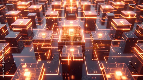 Cubical memory vaults organized in a symmetric pattern with glowing power lines depicting big data storage .