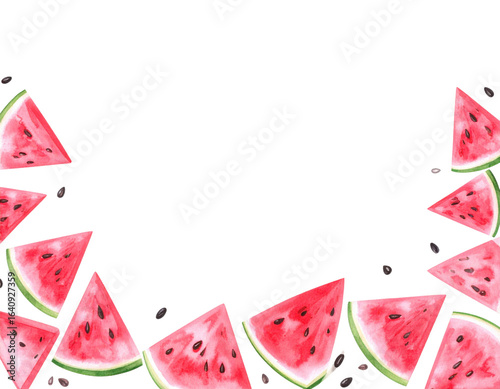Fresh watercolor watermelon slices with seeds scattered on transparent background, summer fruit illustration