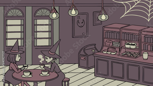 Illustration of a witch's study with a cauldron, books, and floating papers in a dimly lit room space
