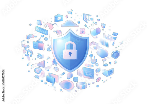 Abstract graphic of a protective shield with padlock icon surrounded by various digital icons