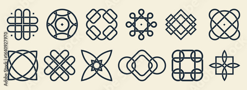 Traditional patterns with celtic designs and irish knot motifs for heritage branding and cultural projects. Interwoven geometric shapes form circles, squares and crosses. Ornamental elements set.
