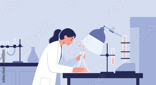Scientist in lab coat, conducting experiments with scientific tools, under lamp light