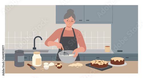 A woman whips batter in a kitchen, beside ingredients, with a fresh baked cake