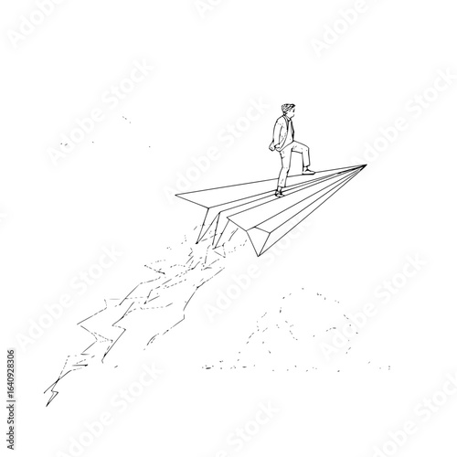 A man in a suit standing on a paper airplane soaring through the air with a trail behind it in black and white