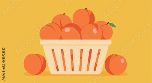 Cartoon peaches overflowing from a basket on a yellow background