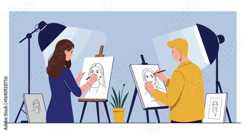 Two people drawing faces at easels in a room, illuminated by studio lights