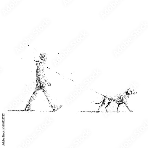 A grainy monochrome depiction of a person walking a dog on a leash in a sparse and minimalist style