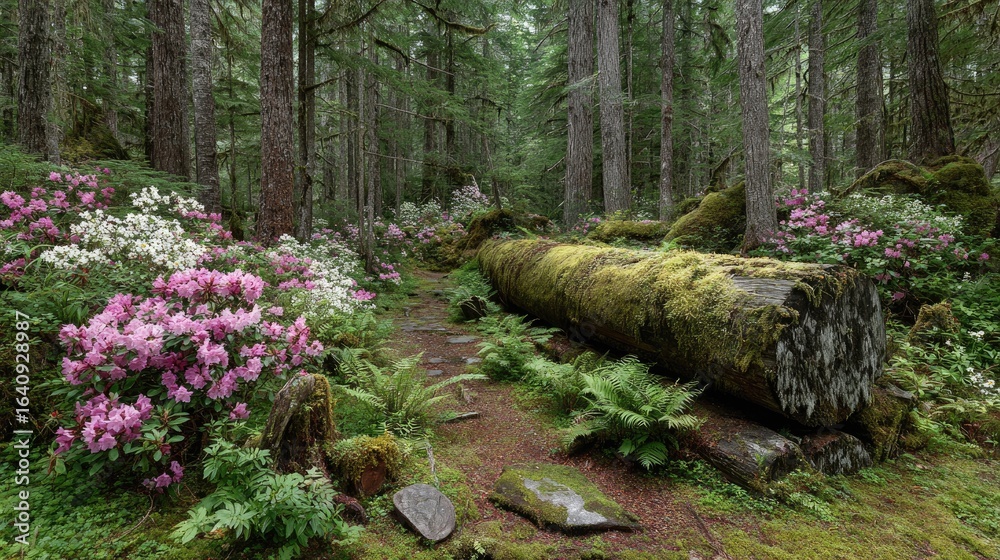 Fototapeta premium Forest Trail with Flowers and Fallen Log