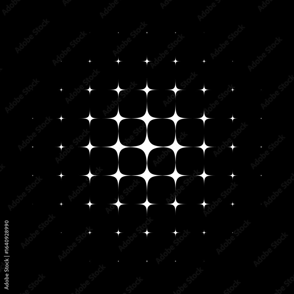 Fototapeta premium Abstract halftone star dotted round patter. White geometric shape with gradient effect on black background. Minimalistic, futuristic, graphic vector illustration.