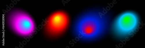 Abstract color blur neon round shapes on black background. set of neon colored bright blending blobs with graduation effect. Glowing comets in dark space. Graphic vector illustration.
