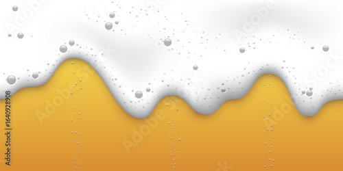 Beer foam background. Mug or bottle of beer with white textured foam with bubbles. Water foam on sand beach. Realistic vector illustration.