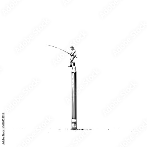 A lone fisherman stands atop a pencil fishing with a rod in a minimalist black and white drawing style