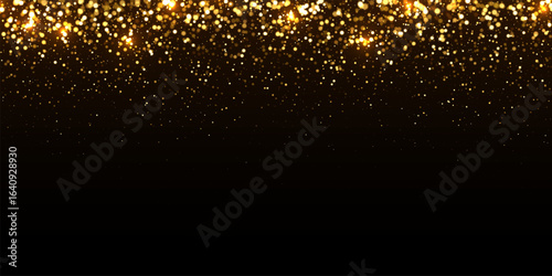 Gold light background with bokeh effect. Golden glittering lights on black background. Festive holiday shiny luxury backdrop. Abstract vector illustration.