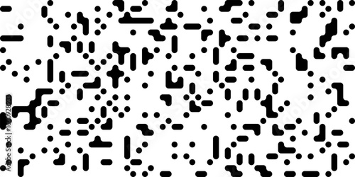 Abstract black and white metaball pattern with connected organic shapes and circular dots. Seamless futuristic background for modern design. Trendy vector illustration.