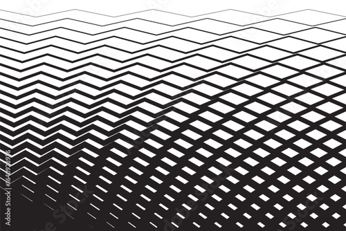 Black and white zigzag line pattern with curved gradient effect. Abstract geometric background creating optical illusion. Minimalistic monochrome design. Trendy vector illustration.