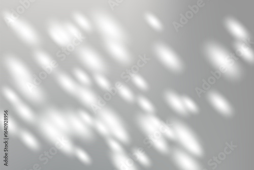 Sunlight shadow background. Soft white light reflections from tree or plant on grey backdrop with natural window light effect. Abstract vector illustration.