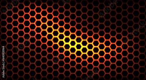 Honeycomb seamless glowing fire pattern. Bright orange and yellow illuminated hexagonal grid on black. Vector futuristic design with fiery light effect for wallpapers, sci-fi textures, backgrounds.