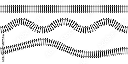 Top view of wavy curved and straight railways isolated on white background. Set of railroad tracks with rails and ties. Transportation infographic. Seamless vector illustrations.