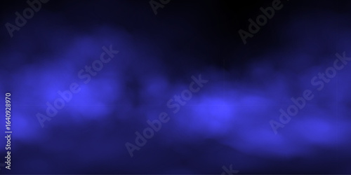 Blue fog or smoke cloud with soft glowing effect on black background. Gas cloud, smoky mist, dark night sky. Fantasy, sci-fi, or Halloween backdrop. Abstract vector illustration.