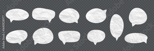 Crumpled paper speech bubbles. Set of white wrinkled paper chat icons on transparent background. Realistic paper texture vector design elements for messages, communication, or scrapbooking projects.