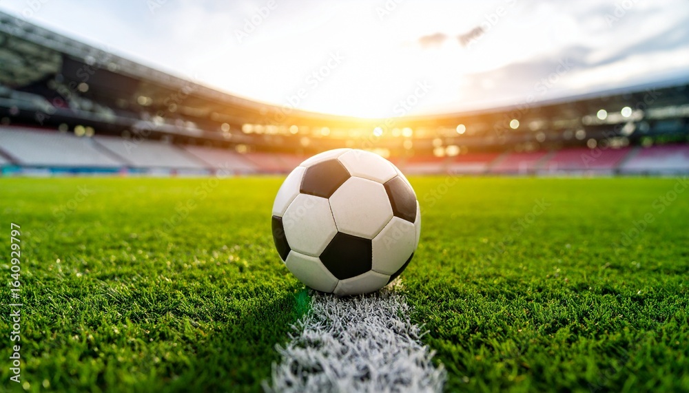 Fototapeta premium Soccer ball resting on green grass in a stadium