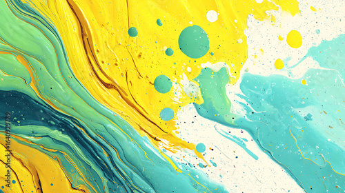 Vibrant abstract paint splash with swirling lines of yellow turquoise and green on a textured white background