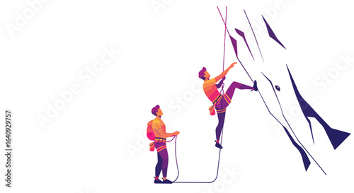 People rock climbing using safety ropes against the rock wall, vibrant colors
