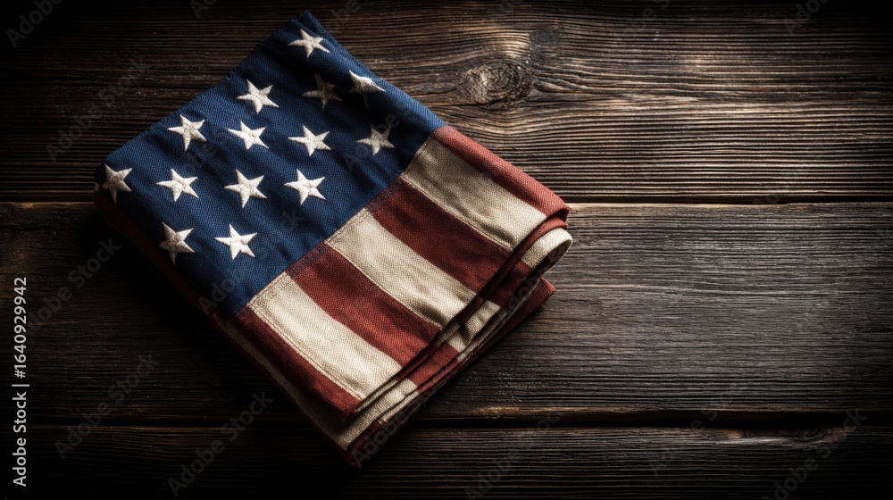 Obraz premium Patriotic Fabric Folded on Rustic Wood Surface, Symbolizing American Heritage and National Holiday