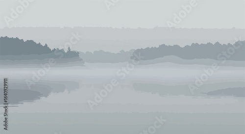Foggy scenic view with layered trees and reflections across a still lake