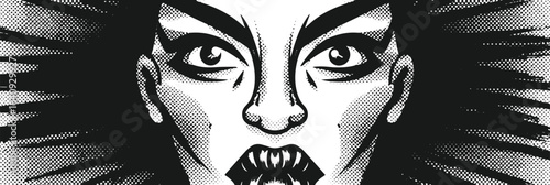 Black and white comic-style illustration of a fierce, wide-eyed face with sharp eyebrows and pointed fangs, conveying intensity and menace.